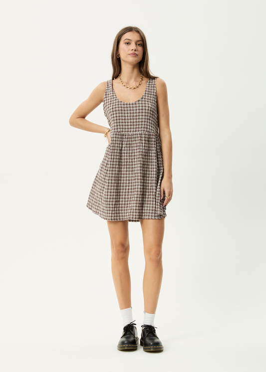 AFENDS Womens Jesse - Seersucker Mini Dress - Coffee Check