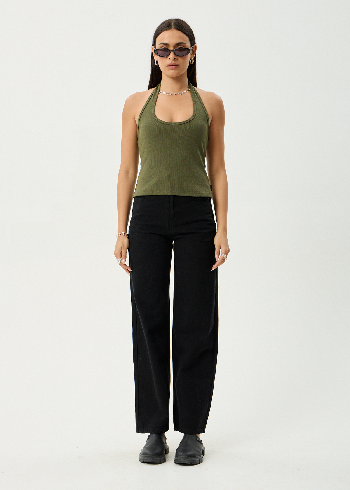 AFENDS Womens Basis - Rib Halter - Deep Olive