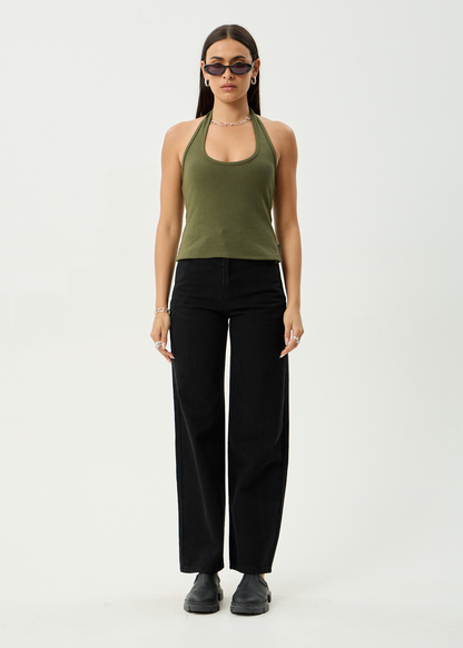 AFENDS Womens Basis - Rib Halter - Deep Olive