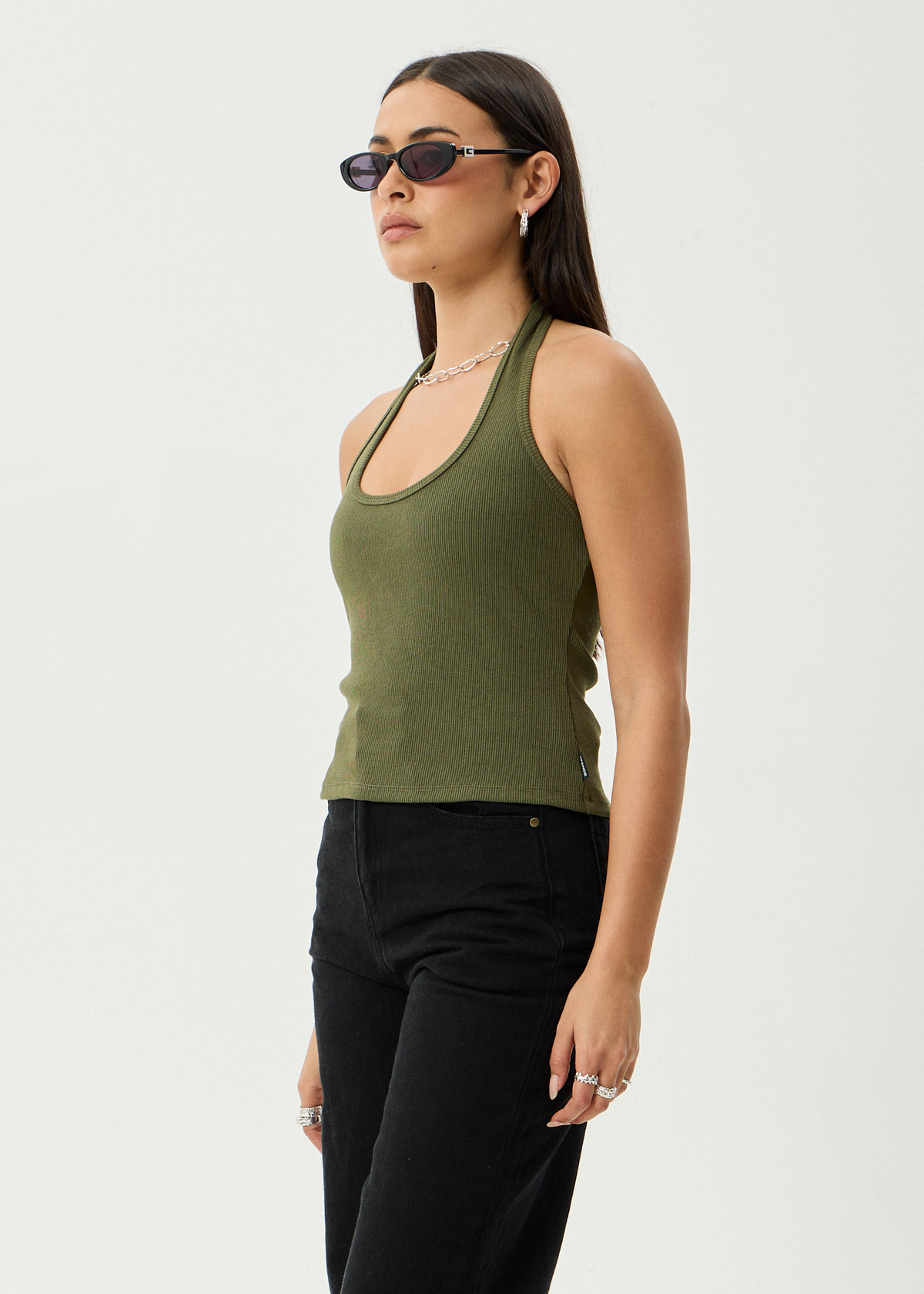 AFENDS Womens Basis - Rib Halter - Deep Olive