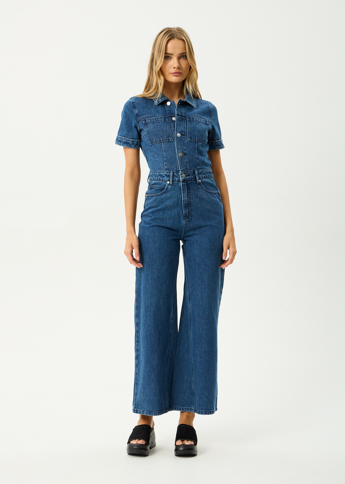 AFENDS Womens Miami - Denim Flared Leg Jumpsuit - Authentic Blue