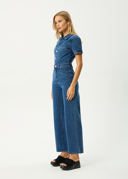 AFENDS Womens Miami - Denim Flared Leg Jumpsuit - Authentic Blue