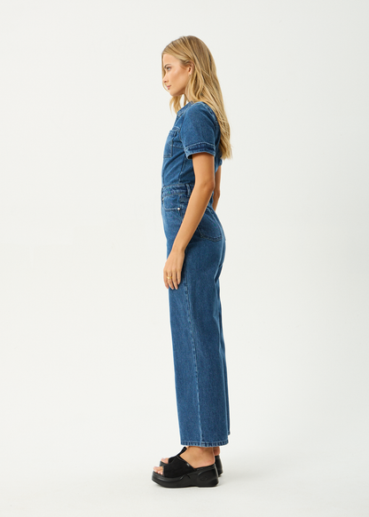 AFENDS Womens Miami - Denim Flared Leg Jumpsuit - Authentic Blue