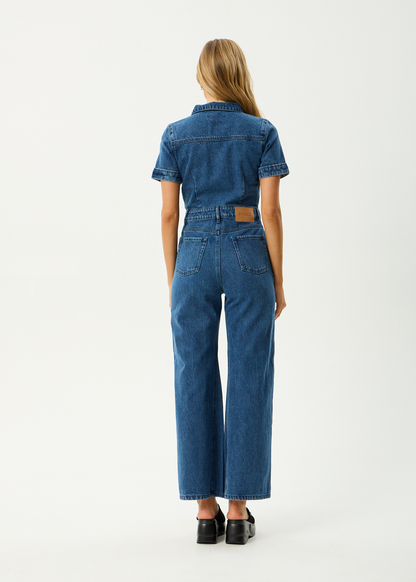 AFENDS Womens Miami - Denim Flared Leg Jumpsuit - Authentic Blue