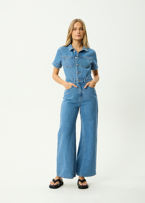 AFENDS Womens Miami - Denim Flared Leg Jumpsuit - Worn Blue