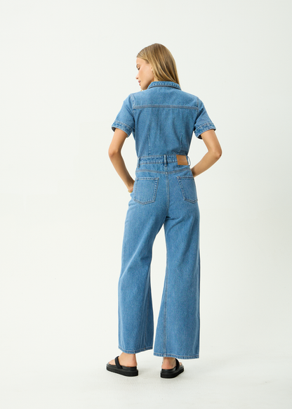 AFENDS Womens Miami - Denim Flared Leg Jumpsuit - Worn Blue