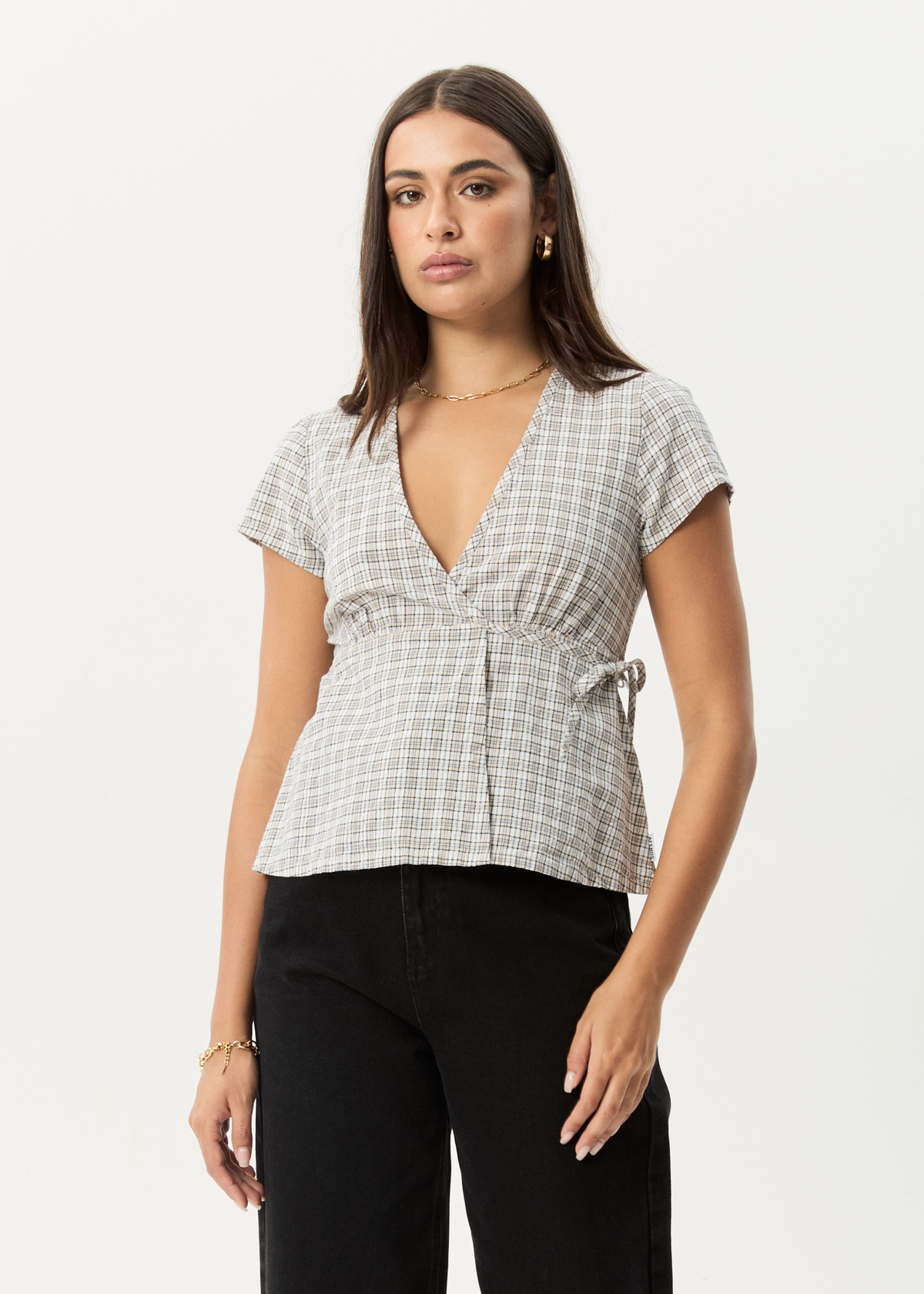 AFENDS Womens Drew - Seersucker Tie Top - Taupe Check