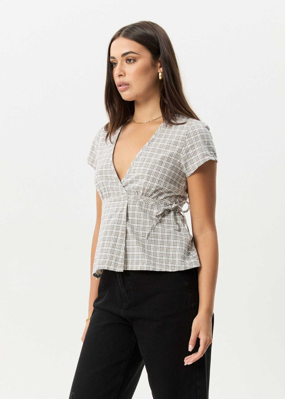 AFENDS Womens Drew - Seersucker Tie Top - Taupe Check