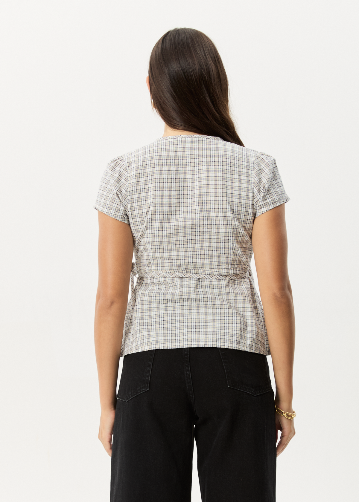 AFENDS Womens Drew - Seersucker Tie Top - Taupe Check