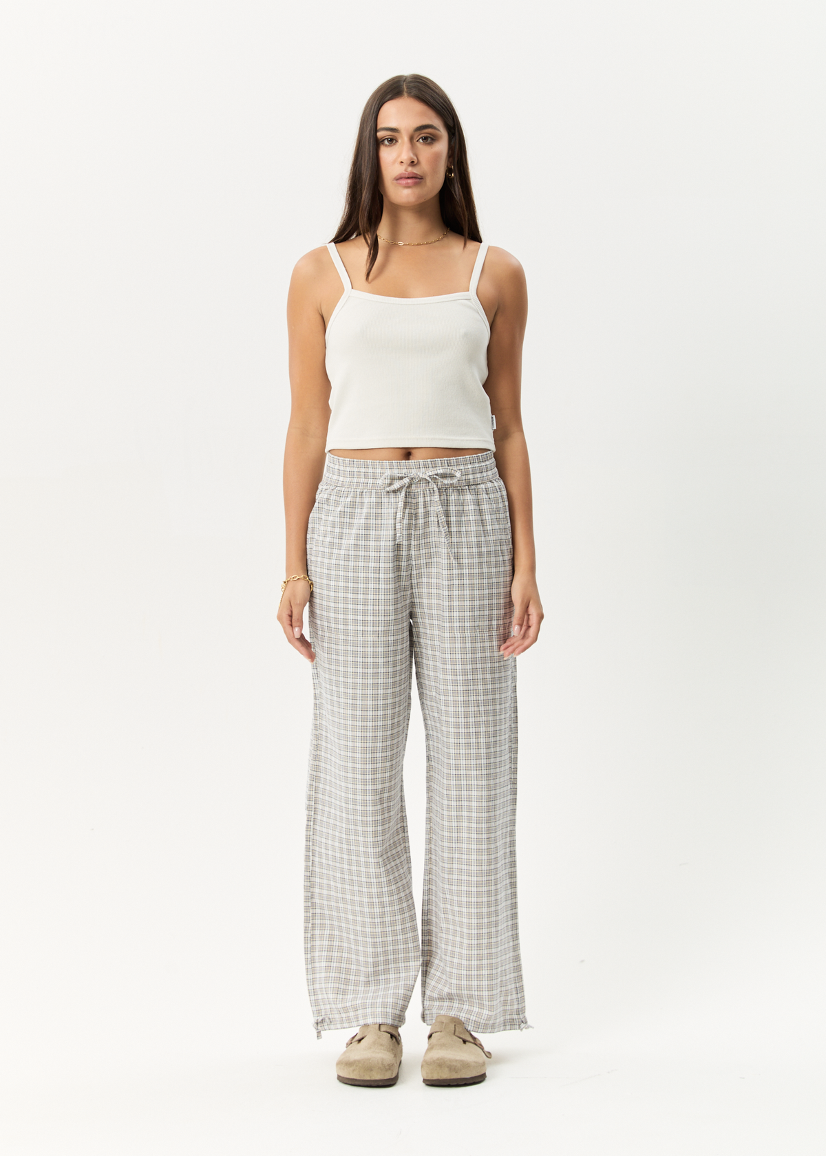 AFENDS Womens Drew - Seersucker Wide Leg Pant - Taupe Check