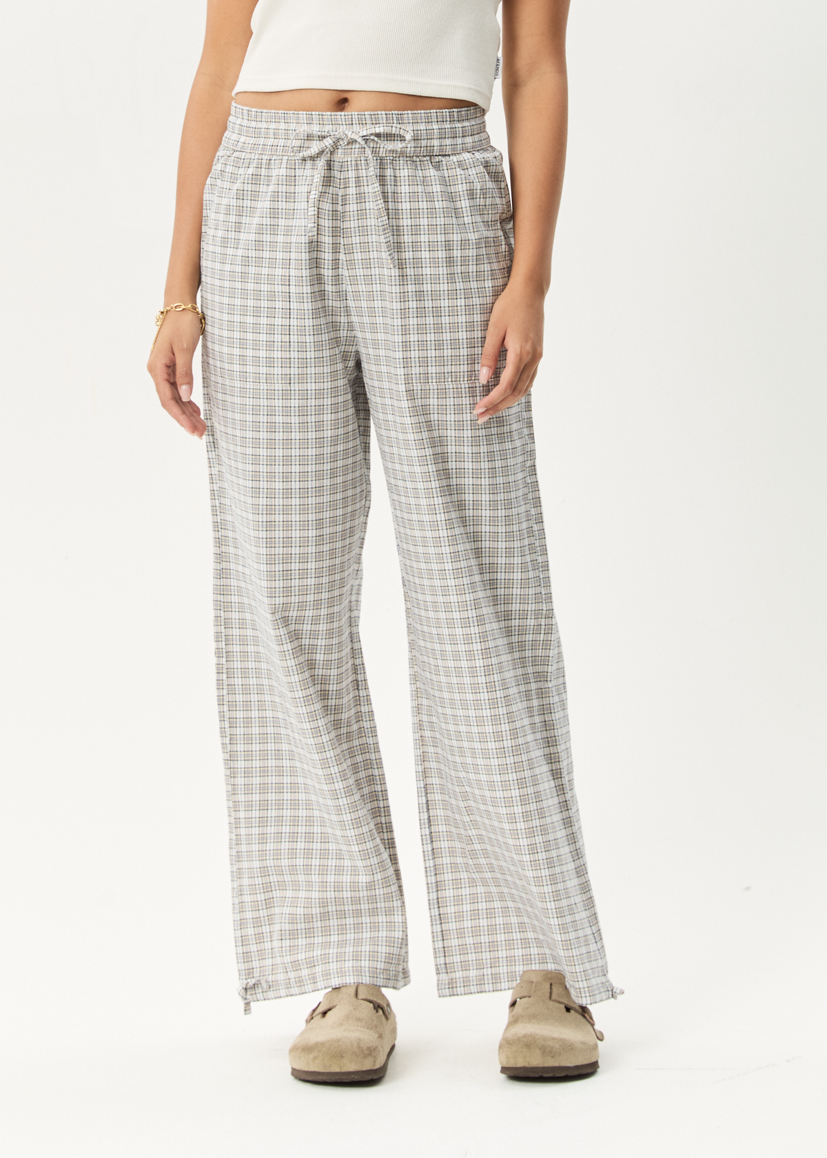 AFENDS Womens Drew - Seersucker Wide Leg Pant - Taupe Check