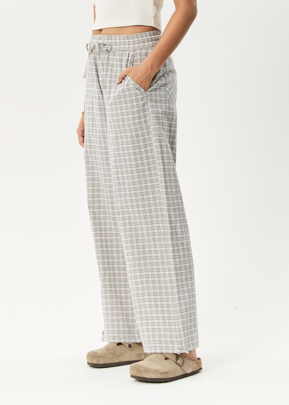 AFENDS Womens Drew - Seersucker Wide Leg Pant - Taupe Check