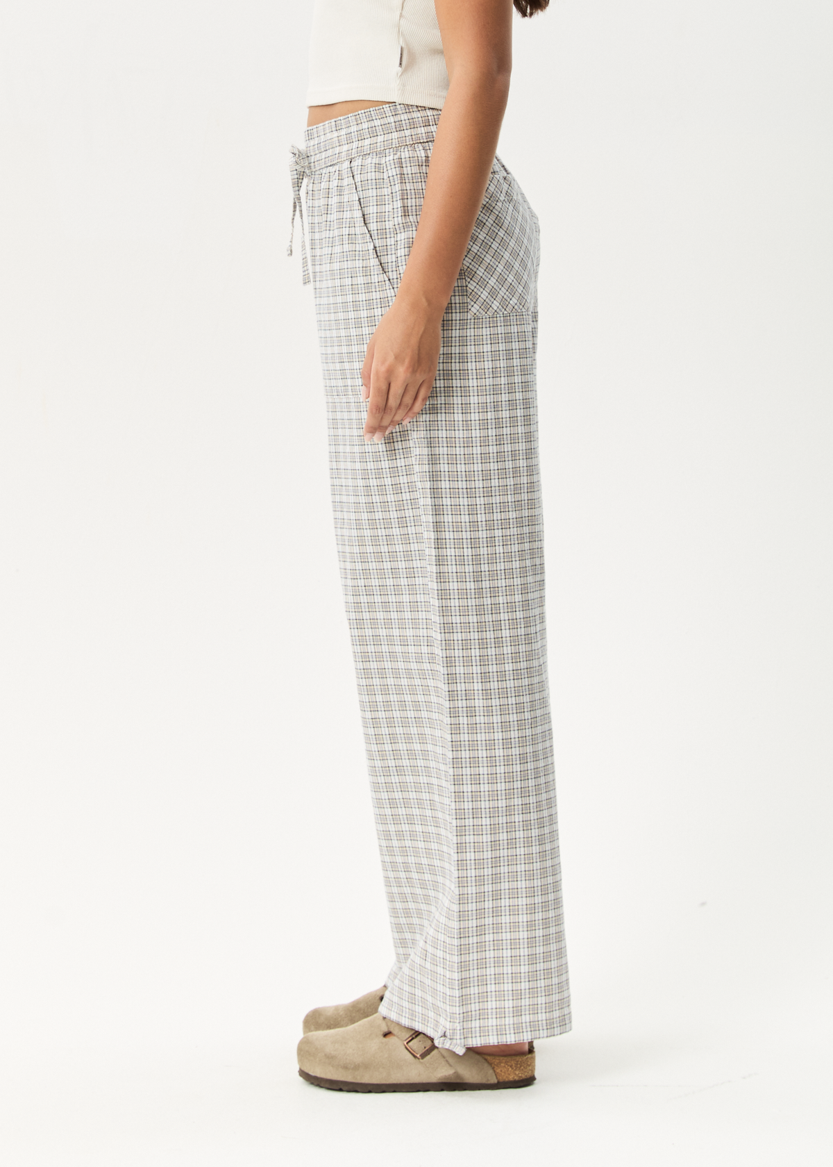 AFENDS Womens Drew - Seersucker Wide Leg Pant - Taupe Check