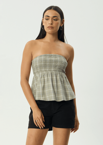 AFENDS Womens Scout - Check Strapless Top - Olive Check