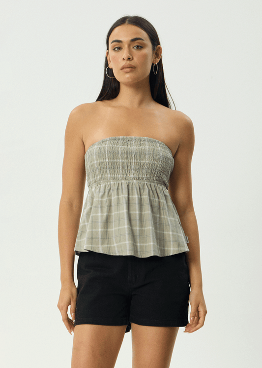 AFENDS Womens Scout - Check Strapless Top - Olive Check