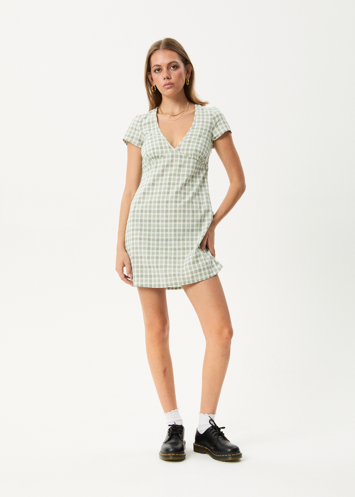 AFENDS Womens Leo - Seersucker Mini Dress - Green / White