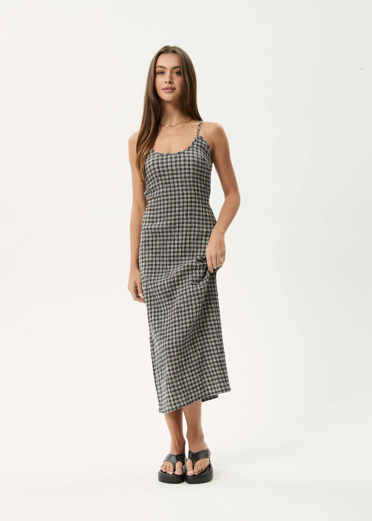 AFENDS Womens Rumi - Seersucker Midi Dress - Steel Check