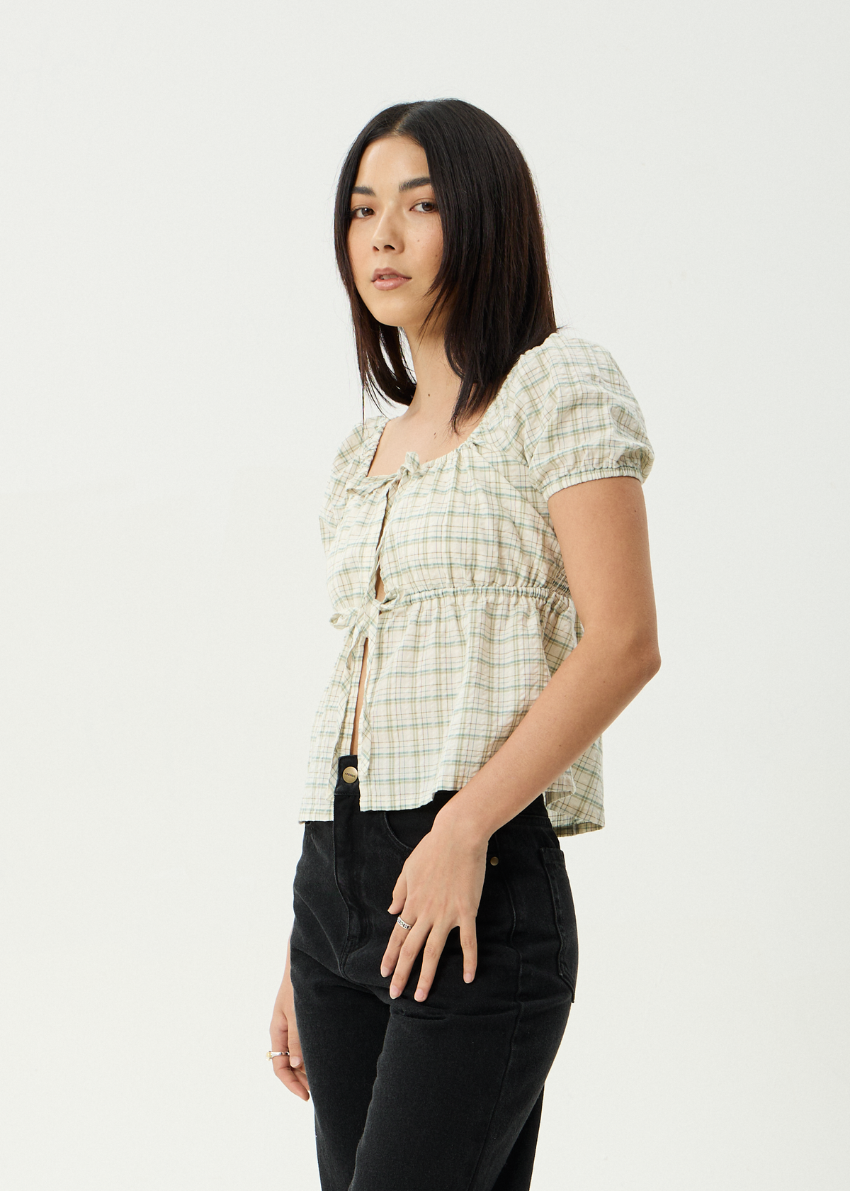 AFENDS Womens Legacy - Seersucker Tie Front Top - Boa Check