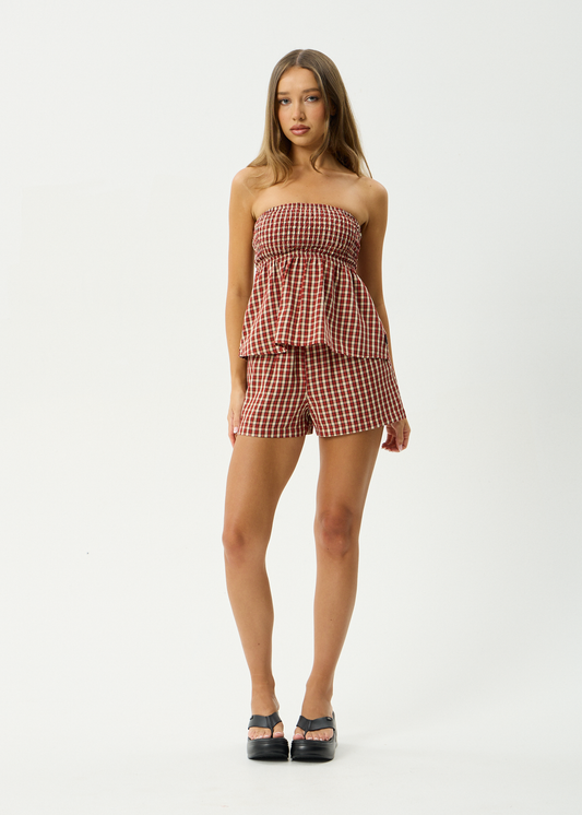 AFENDS Womens Austin - Check Boxer Short - Red Rum