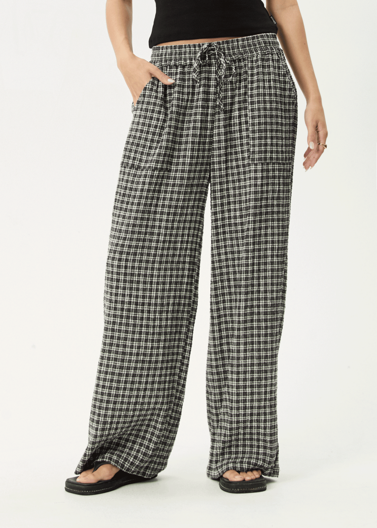 AFENDS Womens Asta - Seersucker Wide Leg Pant - Steel Check