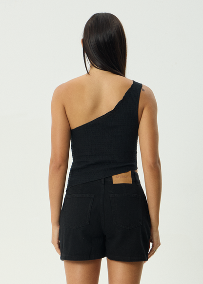 AFENDS Womens Marina - Seersucker One Shoulder Top - Black