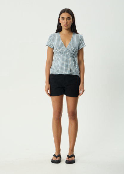 AFENDS Womens Evans - Check Wrap Top - Overcast Check