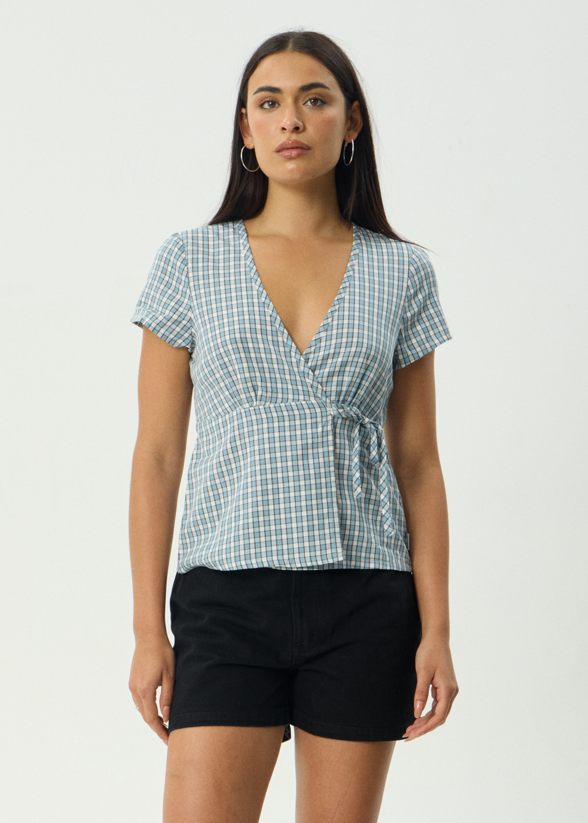 AFENDS Womens Evans - Check Wrap Top - Overcast Check