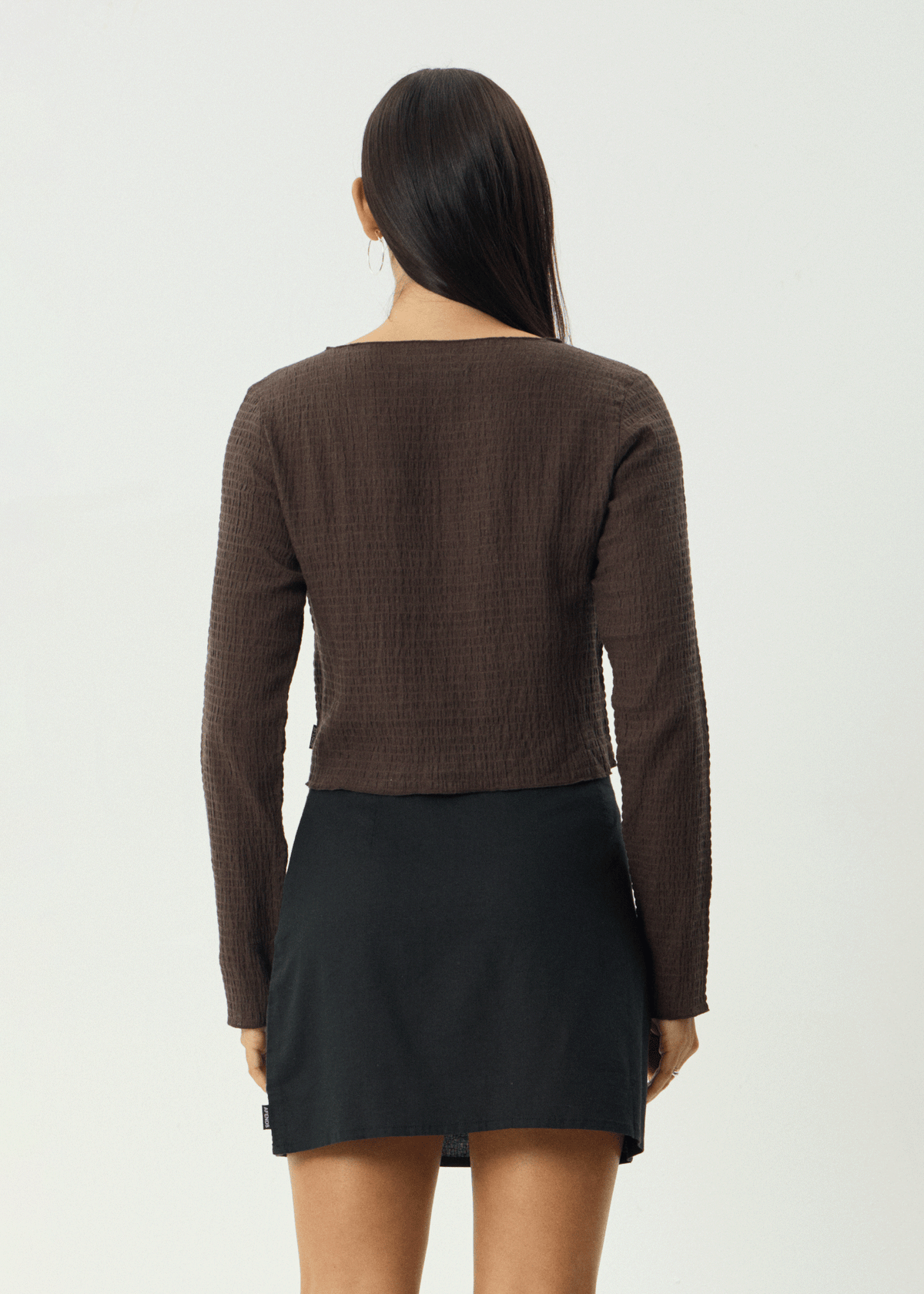 AFENDS Womens Focus - Seersucker Long Sleeve Top - Coffee