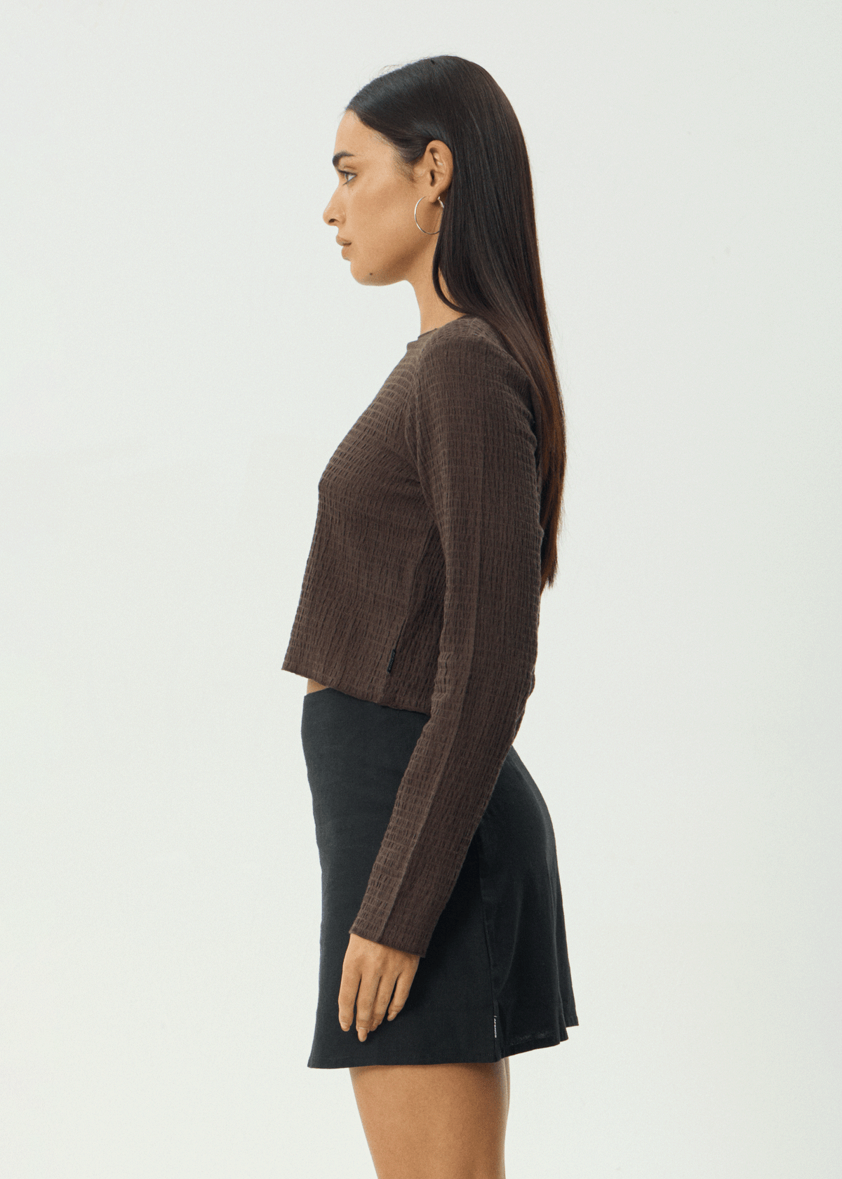 AFENDS Womens Focus - Seersucker Long Sleeve Top - Coffee