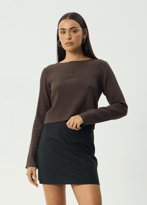 AFENDS Womens Focus - Seersucker Long Sleeve Top - Coffee