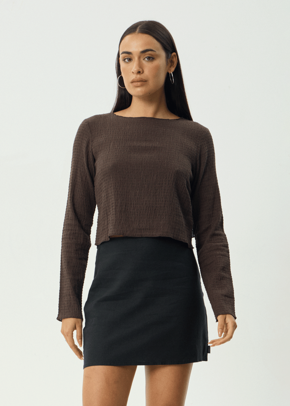 AFENDS Womens Focus - Seersucker Long Sleeve Top - Coffee