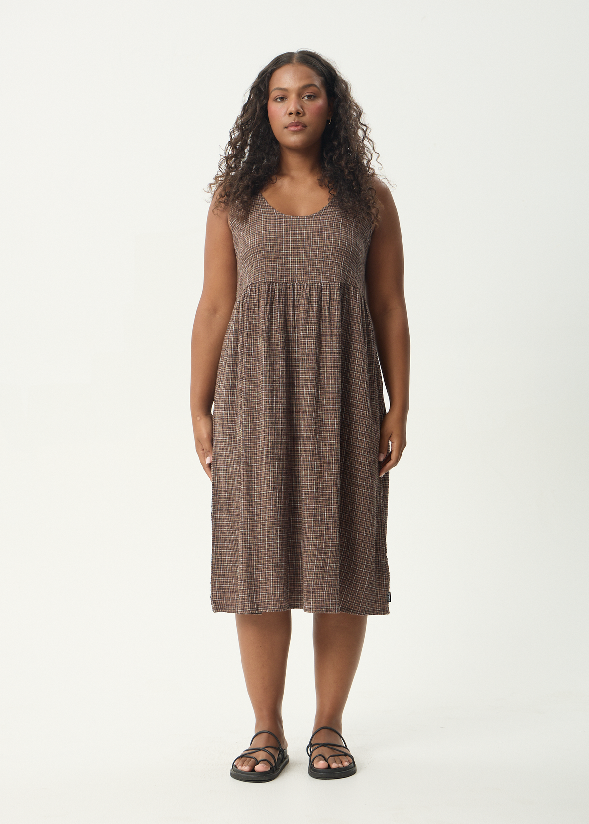 AFENDS Womens Hometown Leo - Seersucker Midi Dress - Coffee