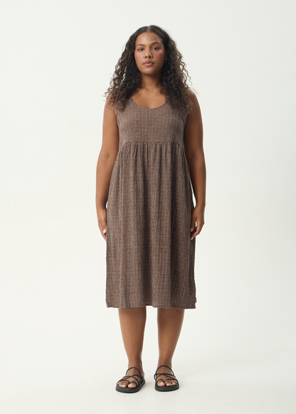 AFENDS Womens Hometown Leo - Seersucker Midi Dress - Coffee