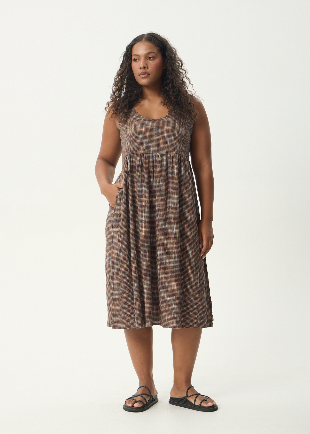 AFENDS Womens Hometown Leo - Seersucker Midi Dress - Coffee
