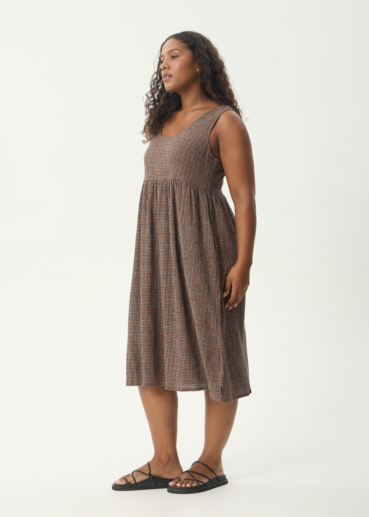 AFENDS Womens Hometown Leo - Seersucker Midi Dress - Coffee