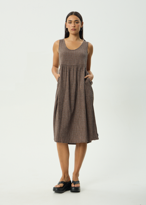 AFENDS Womens Hometown Leo - Seersucker Midi Dress - Coffee