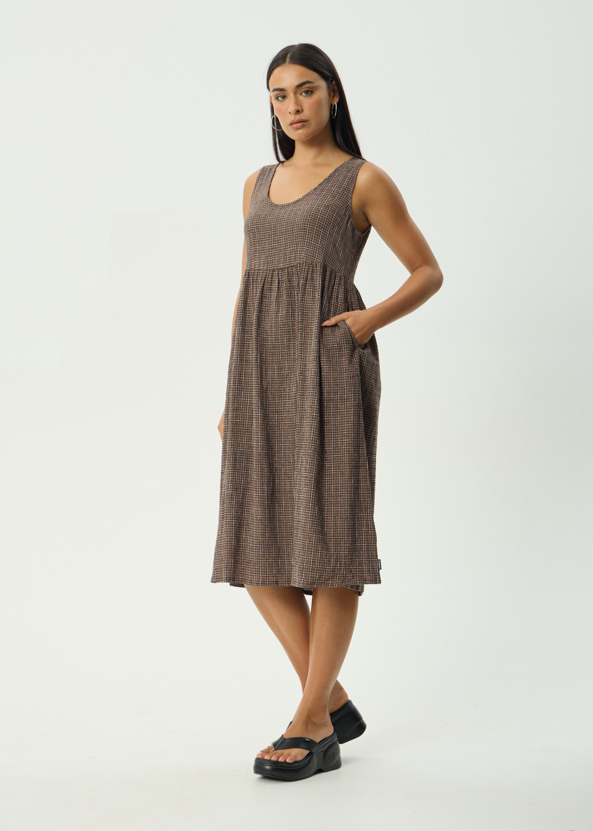 AFENDS Womens Hometown Leo - Seersucker Midi Dress - Coffee