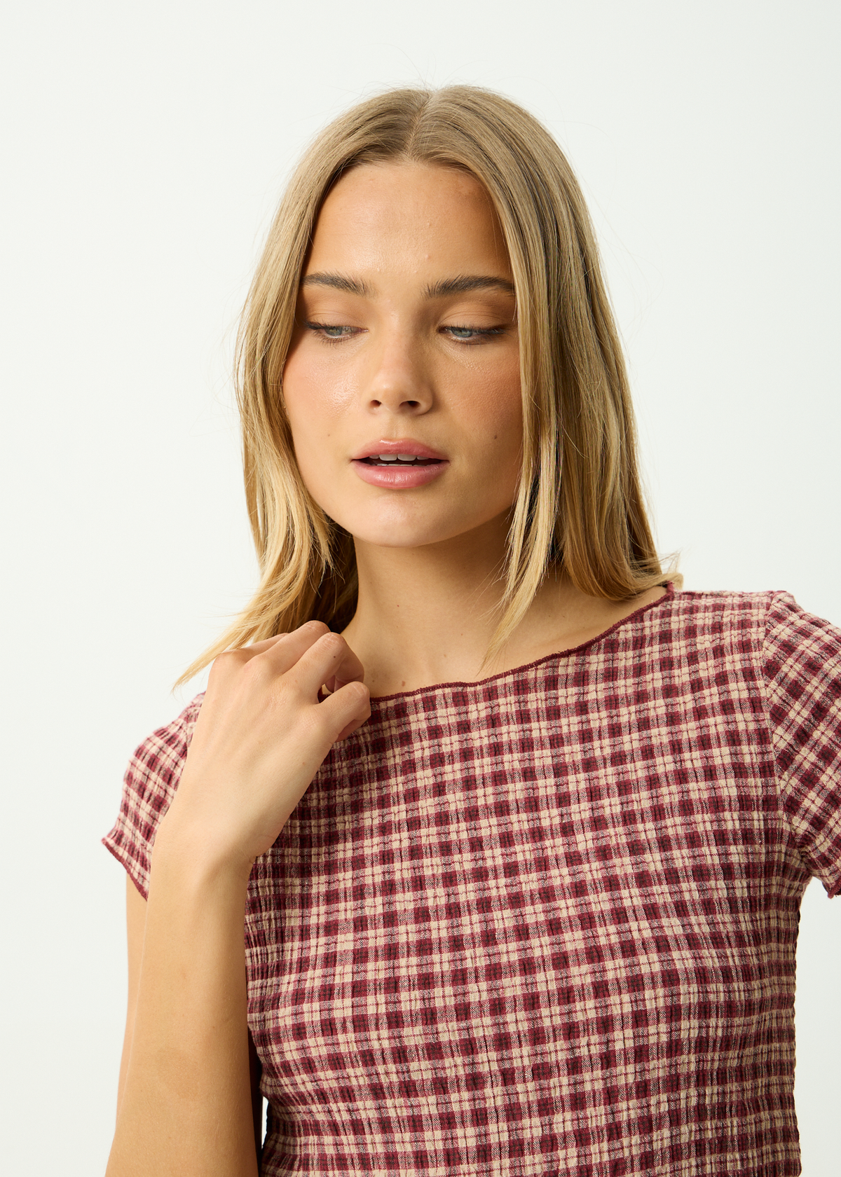AFENDS Womens Darcy - Seersucker Top - Burgundy / Beige Check