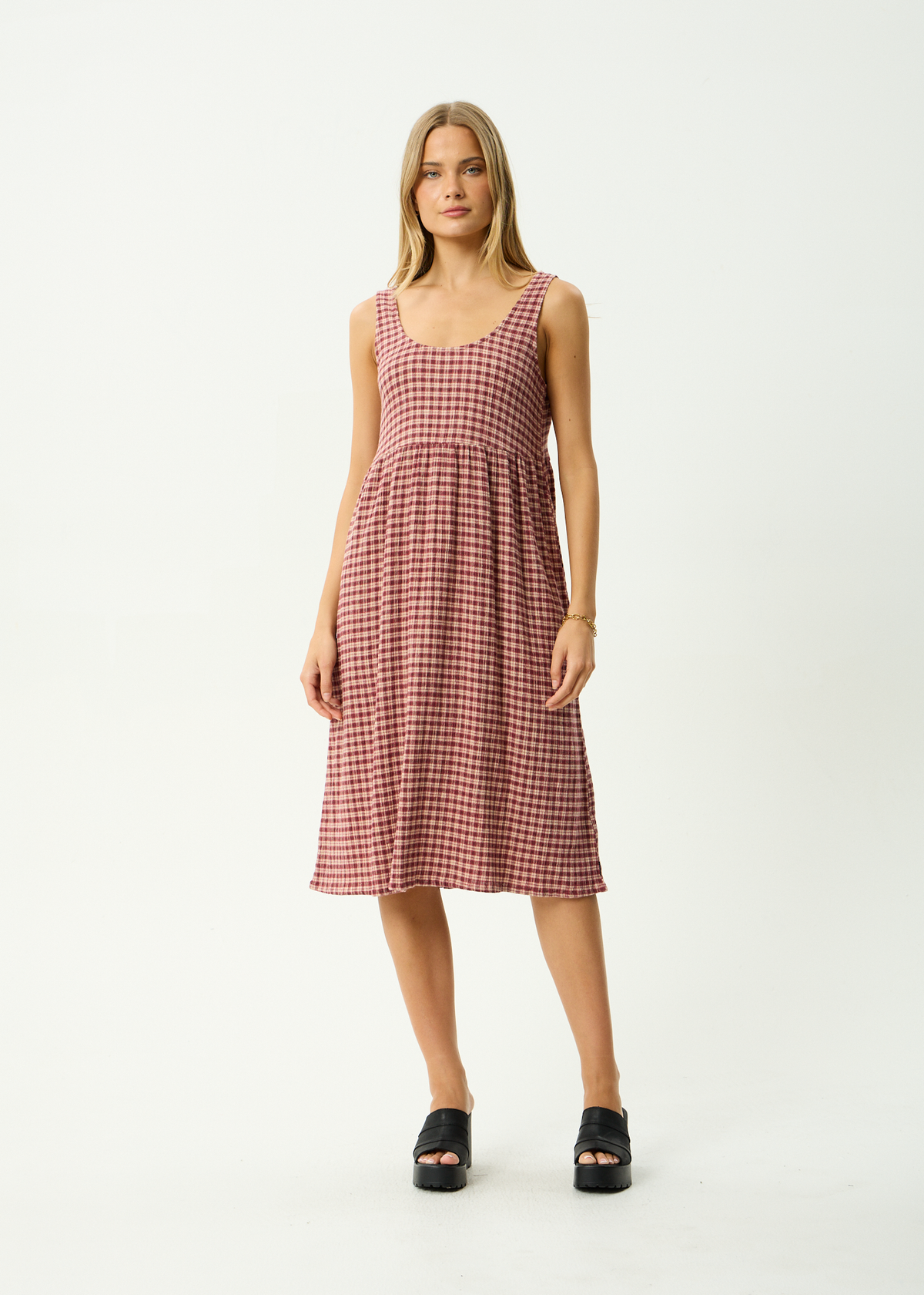 AFENDS Womens Capricorn - Seersucker Midi Dress - Burgundy / Beige Check