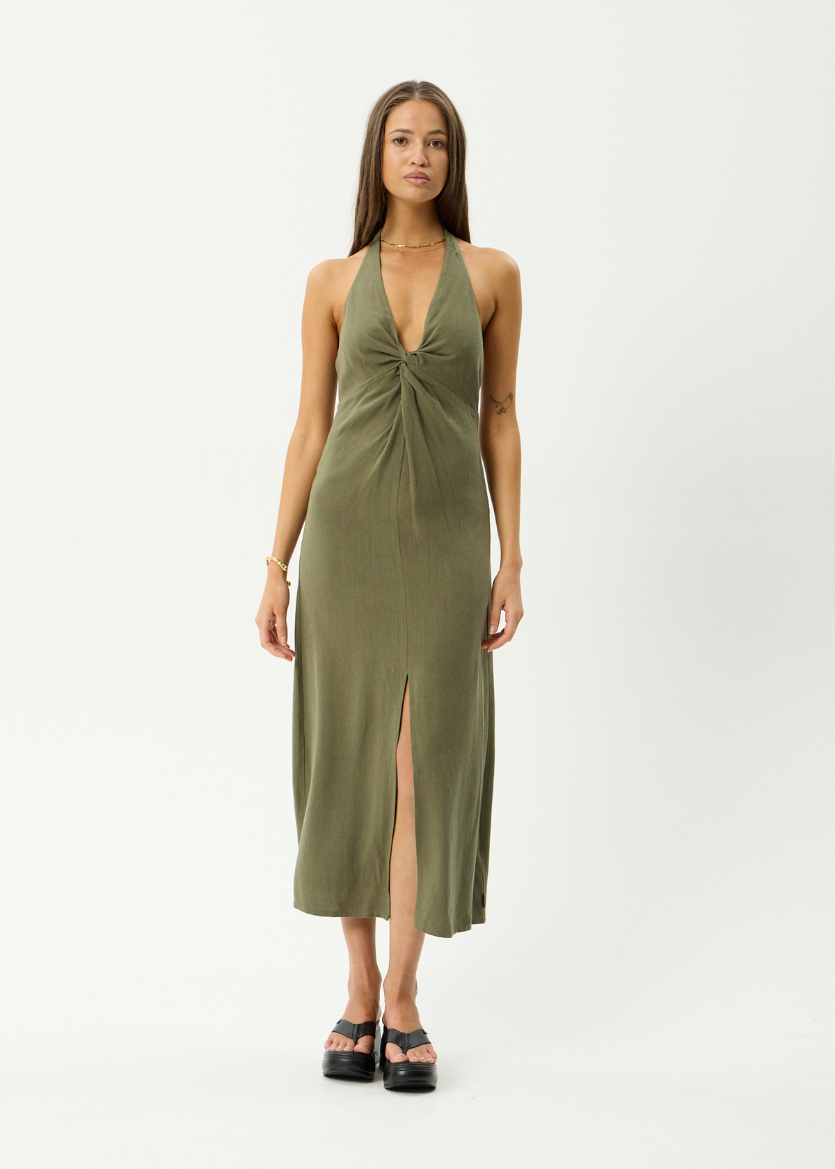 AFENDS Womens Halle - Linen Maxi Dress - Deep Olive