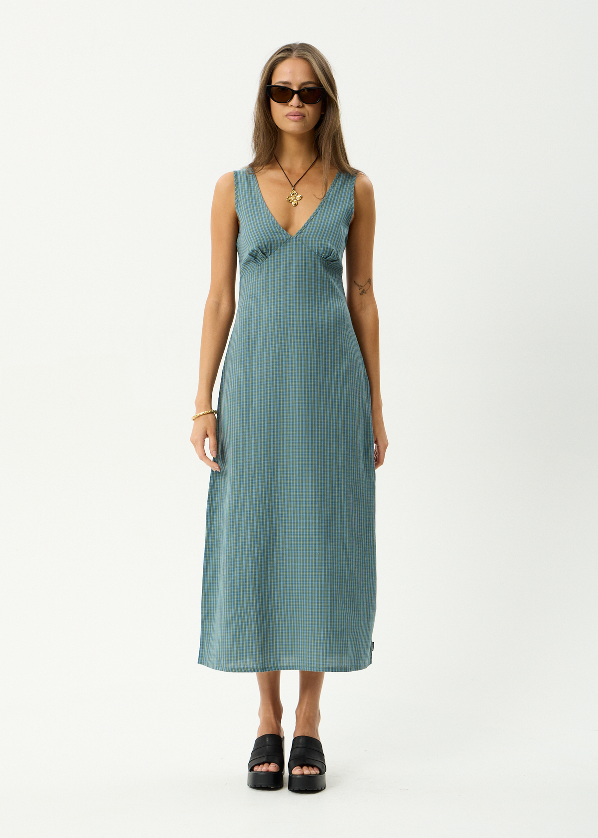 AFENDS Womens Voyager - Maxi Dress - Deep Olive Check