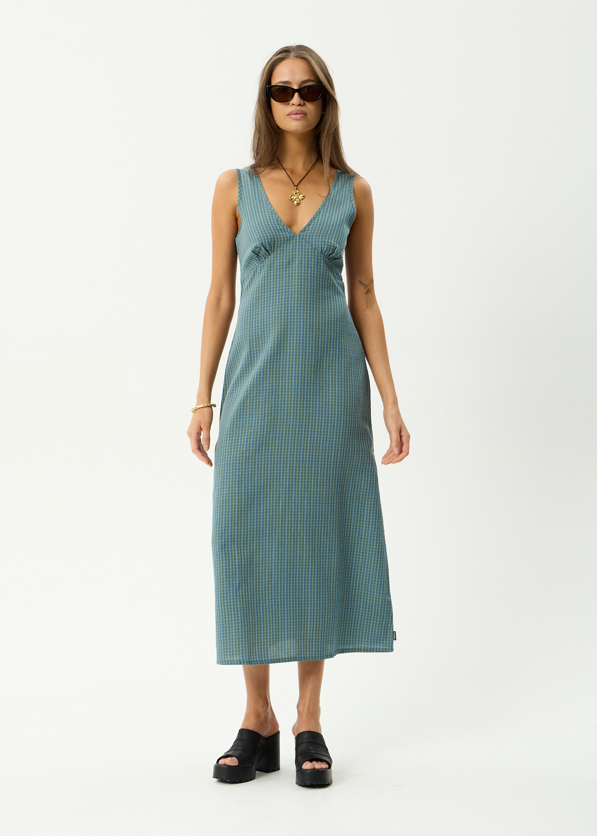 AFENDS Womens Voyager - Maxi Dress - Deep Olive Check