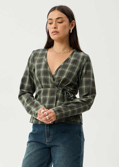 AFENDS Womens Jonah - Long Sleeve Top - Deep Olive Check