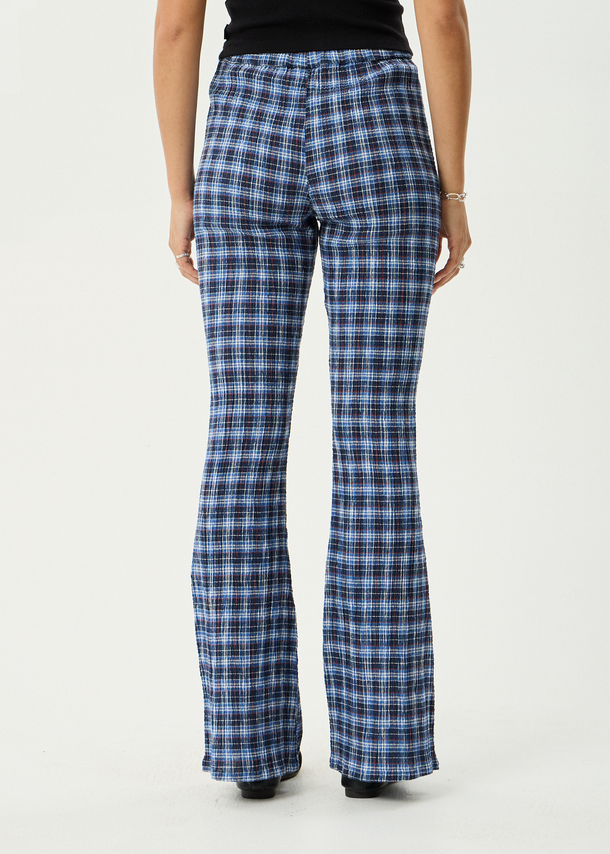 AFENDS Womens Mountains - Seersucker Flare Pant - Navy Red Check