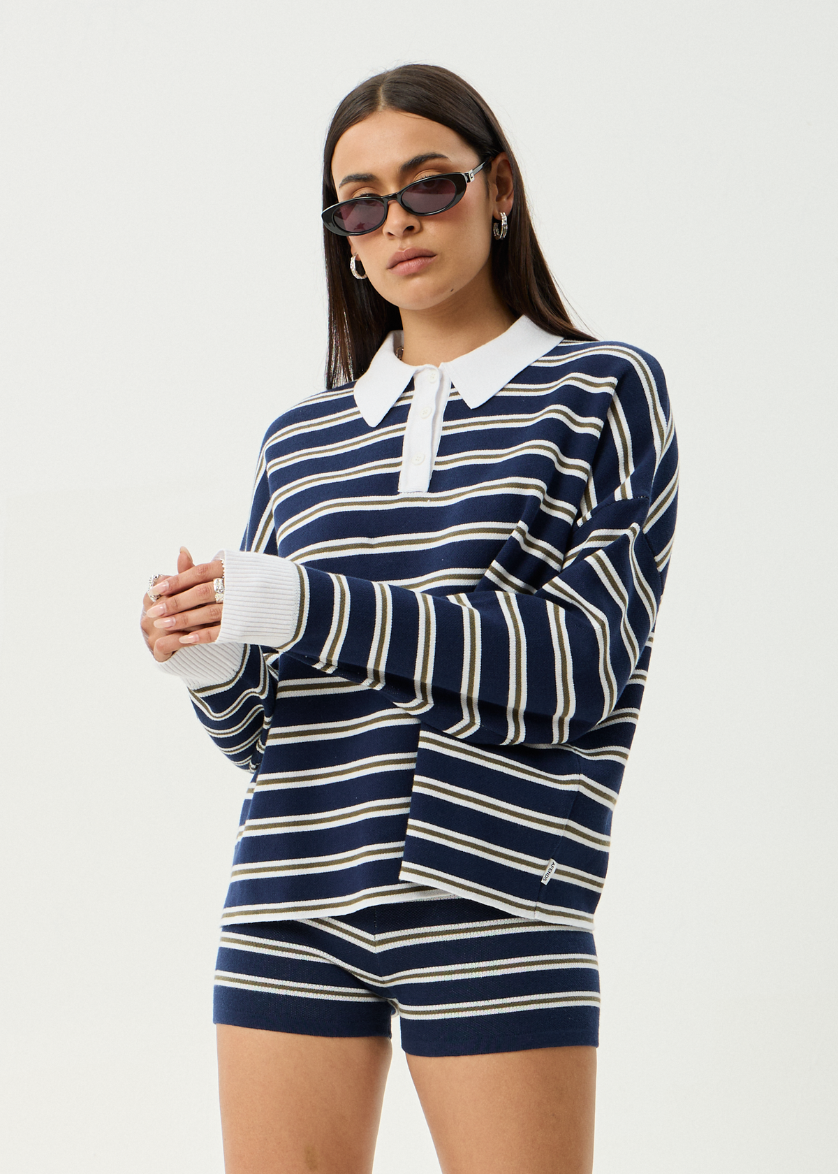AFENDS Womens Delta - Knit Shirt - Navy Stripe