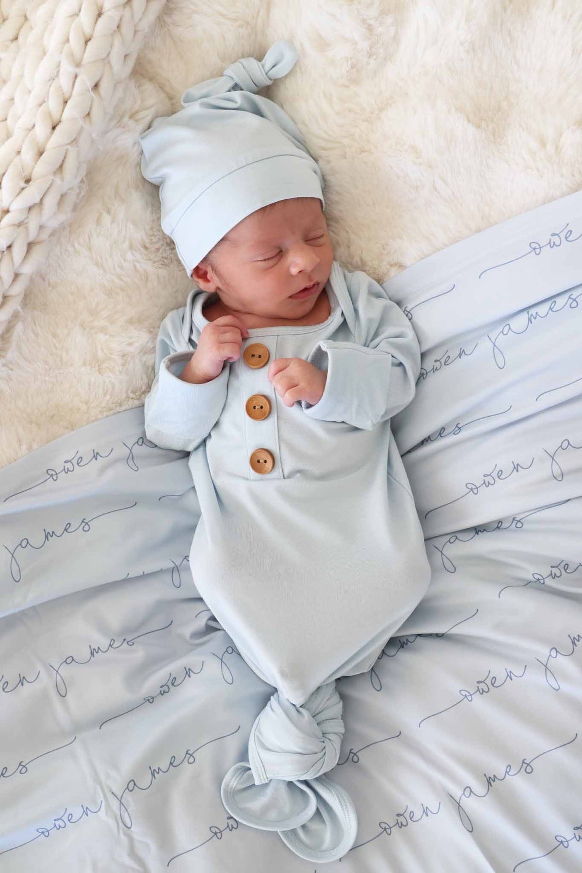 Baby Blue Newborn Baby Knot Gown & Hat Set