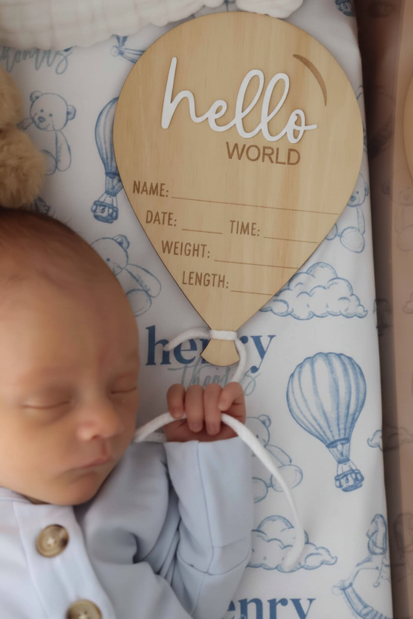 Birth Stats Wood Announcement | Hello World Balloon