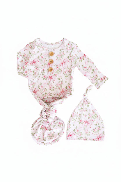 Bows in Bloom Newborn Baby Knot Gown & Hat Set | Pink