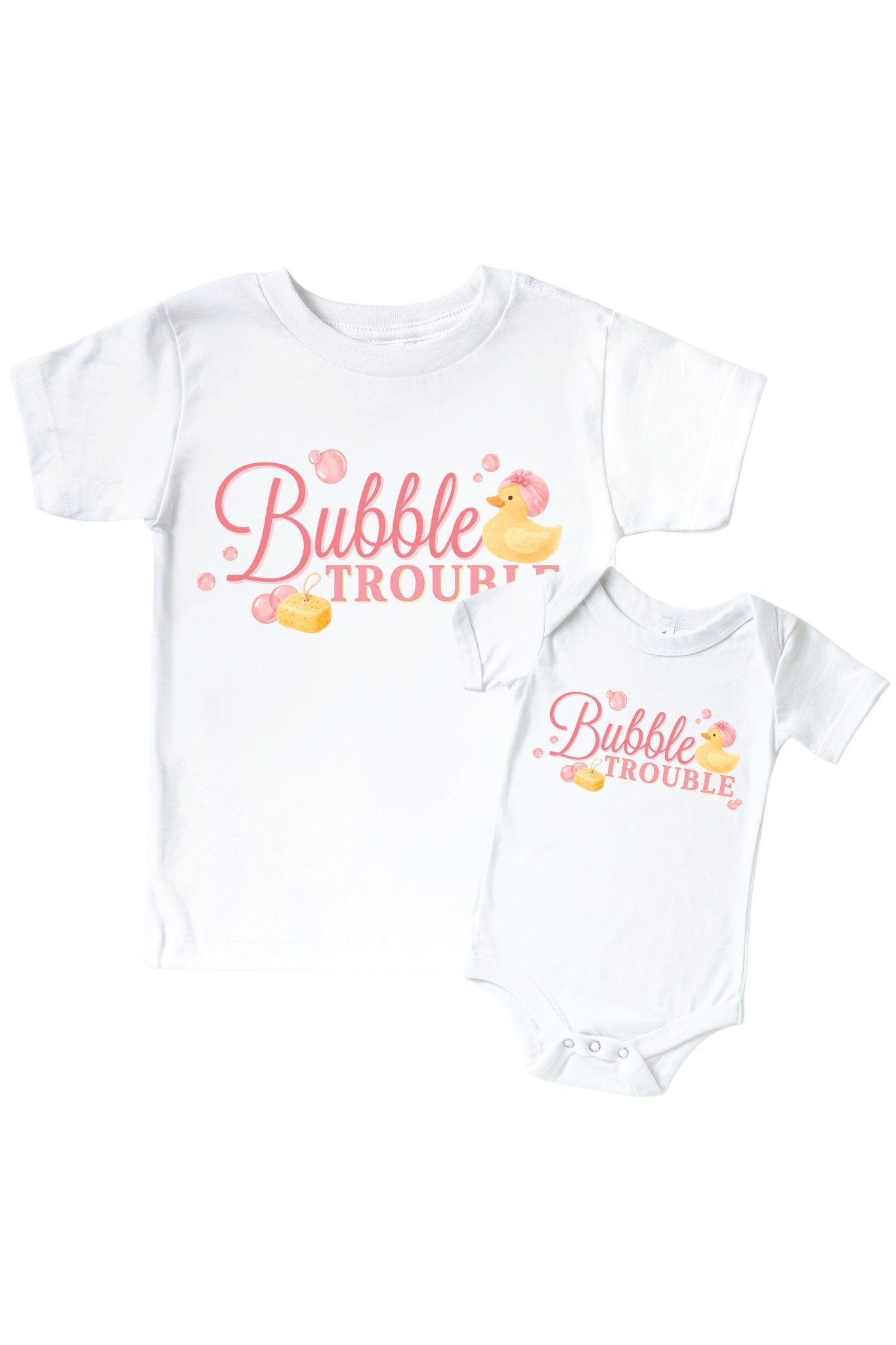 Bubble Trouble Pink Graphic Bodysuit & Kids Tee | White