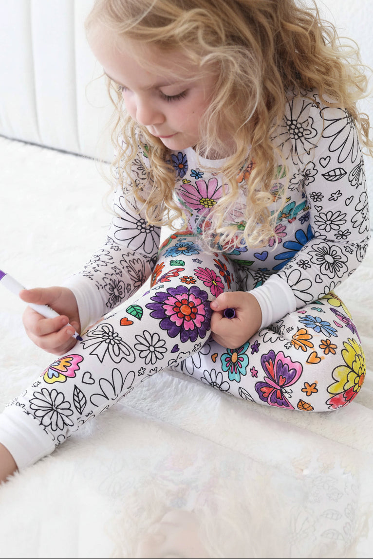Colorable Two Piece Pajama Set | Floral Flutter